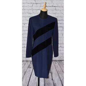 Vintage Arnold SCAASI Haute Couture Blue Wool Crepe Dress Black Velvet Size 10